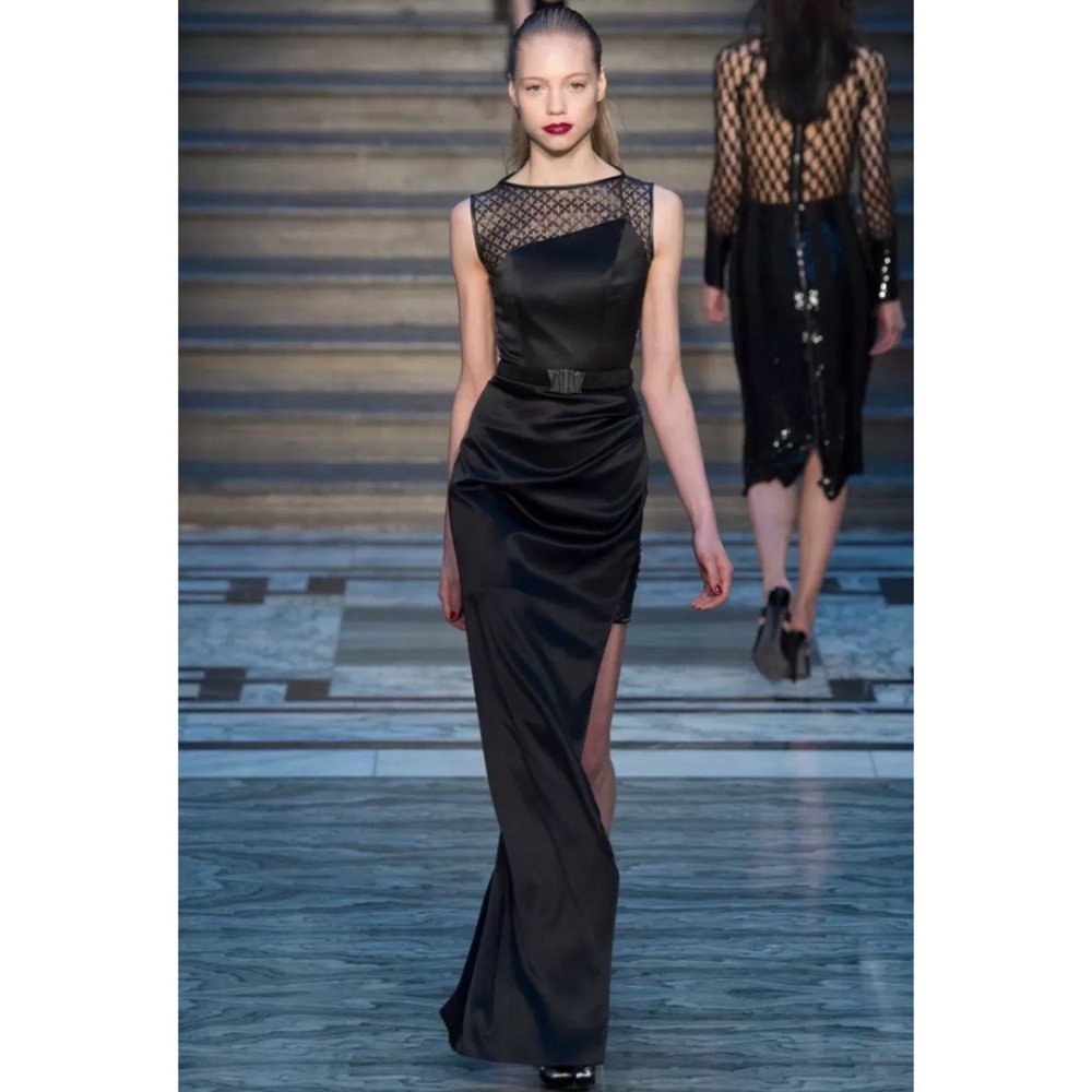 Julien Macdonald satin beaded leather detail gown XS